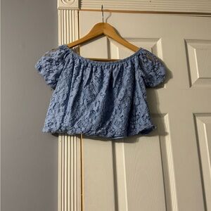 Express Blue Flutter Sleeve Crop Blouse